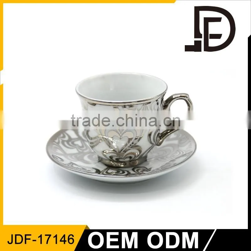 Custom silver printed coffee mug ceramic cup and saucer