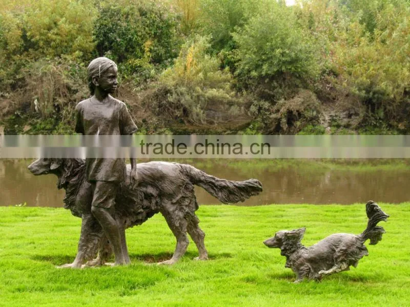 bronze boy play with dog statue