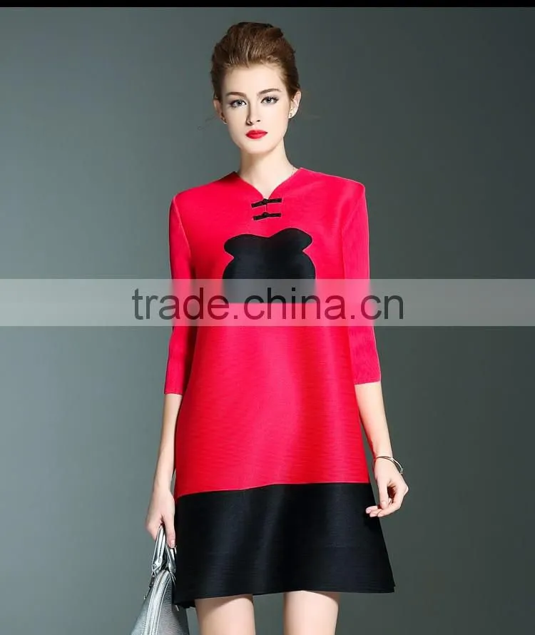 Retro pleat Chinoiserie printed ladies large size dress with two buttons