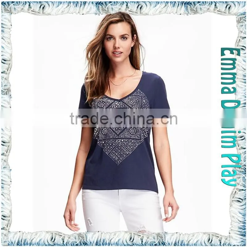 2016 New Designs Wide Open Neck Blue Printing Cotton T Shirts for Sexy Womens