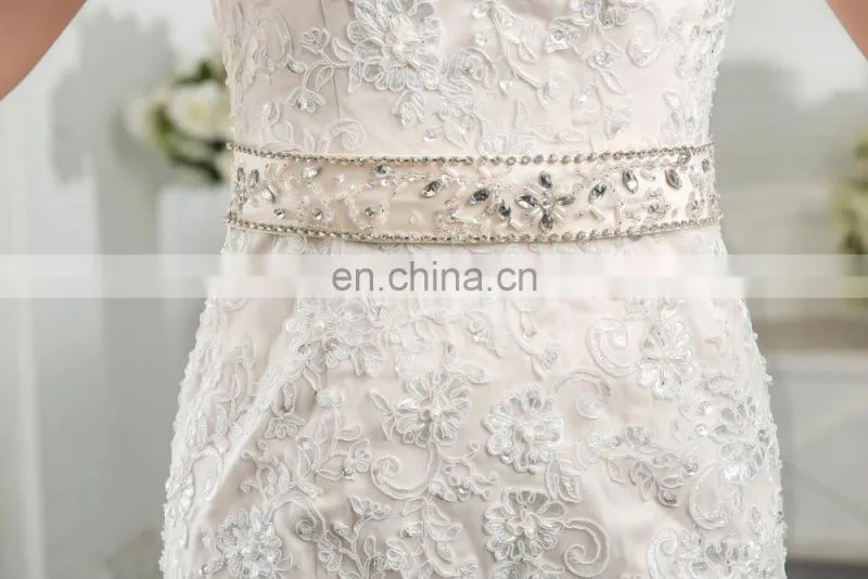 Latest design white french lace fabric Charming sash Lace Appliqued and Beaded Bridal Wedding Gowns