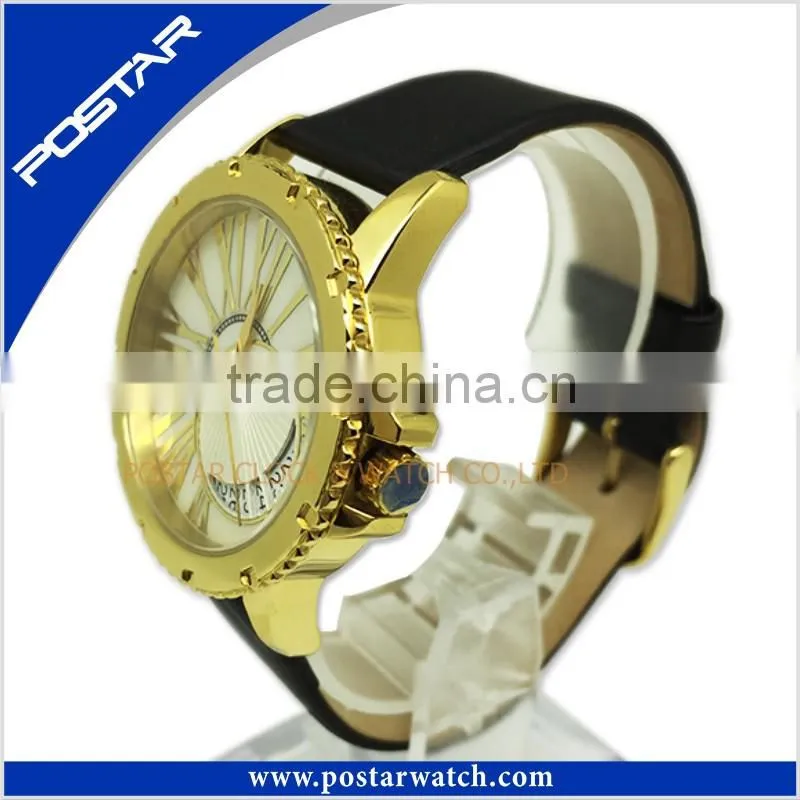Fashion Watch Round Steel Case Men Women Leather Quartz Analog Wrist Watch