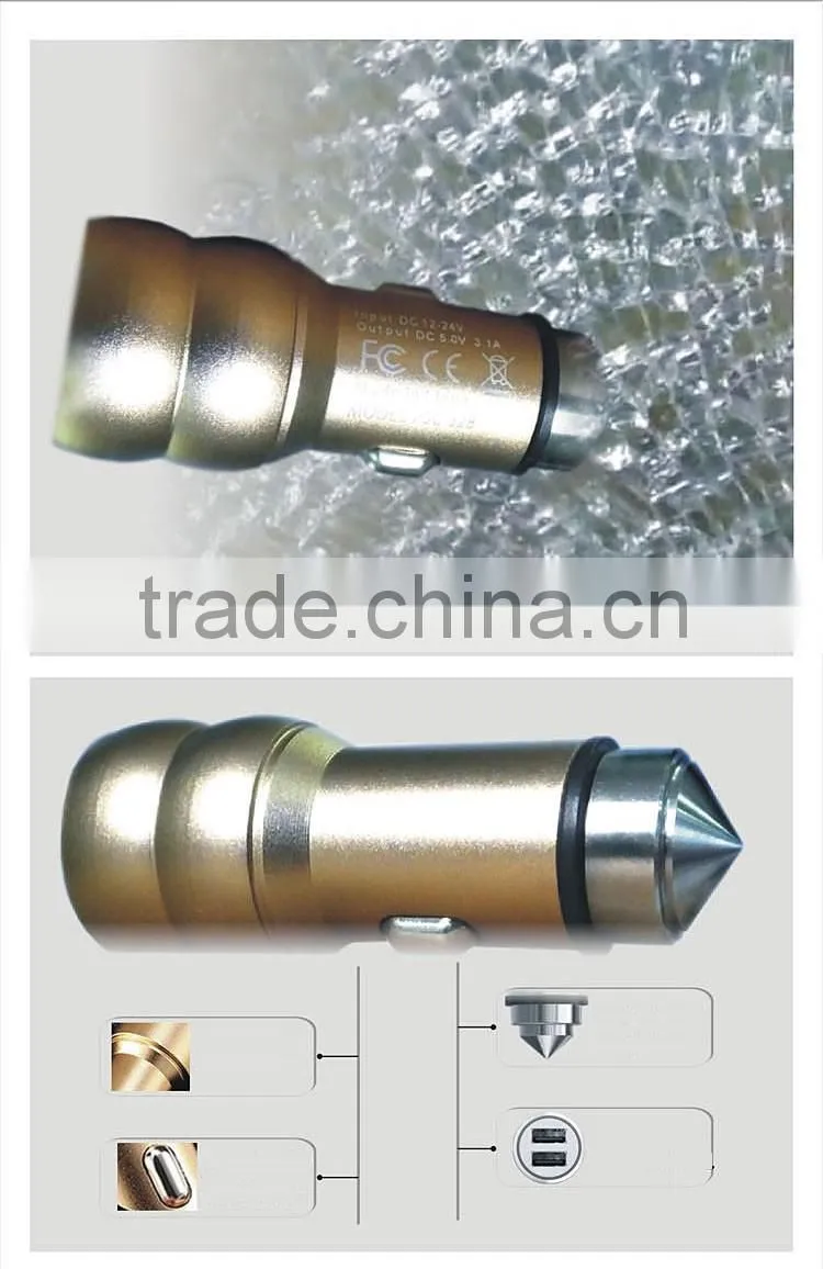 2015safety hammer car charger for cell phone ipad metal aluminum with broken window hammer design function