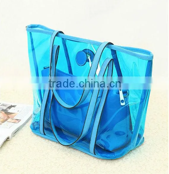 Transparent style 2 in One Women Leather Bags Handbag Clutch Tote Shoulder Bag . PVC beach bags orange