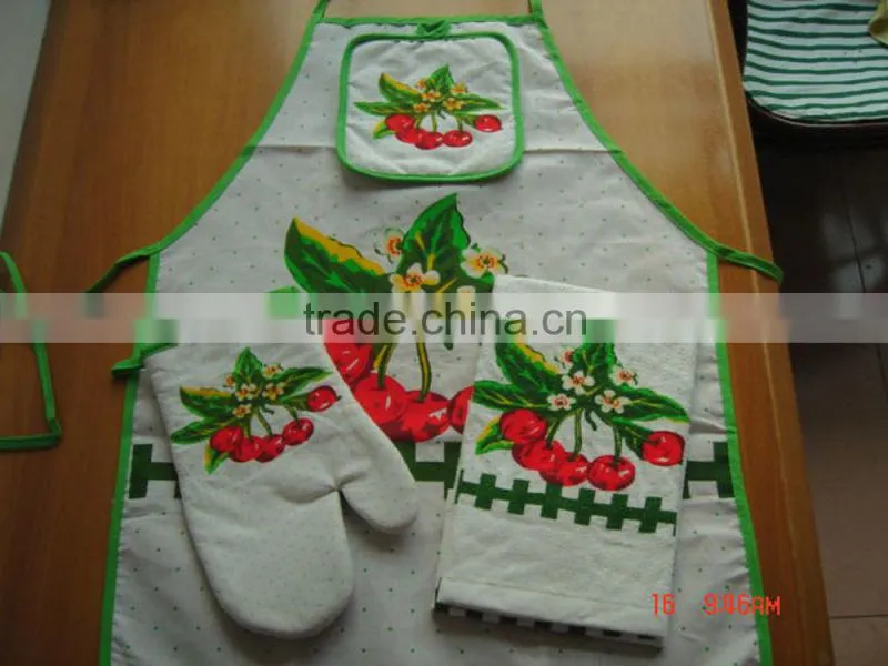 popular kitchen set 100% cotton twill apron,oven mitt ,tea towel and oven glove -44