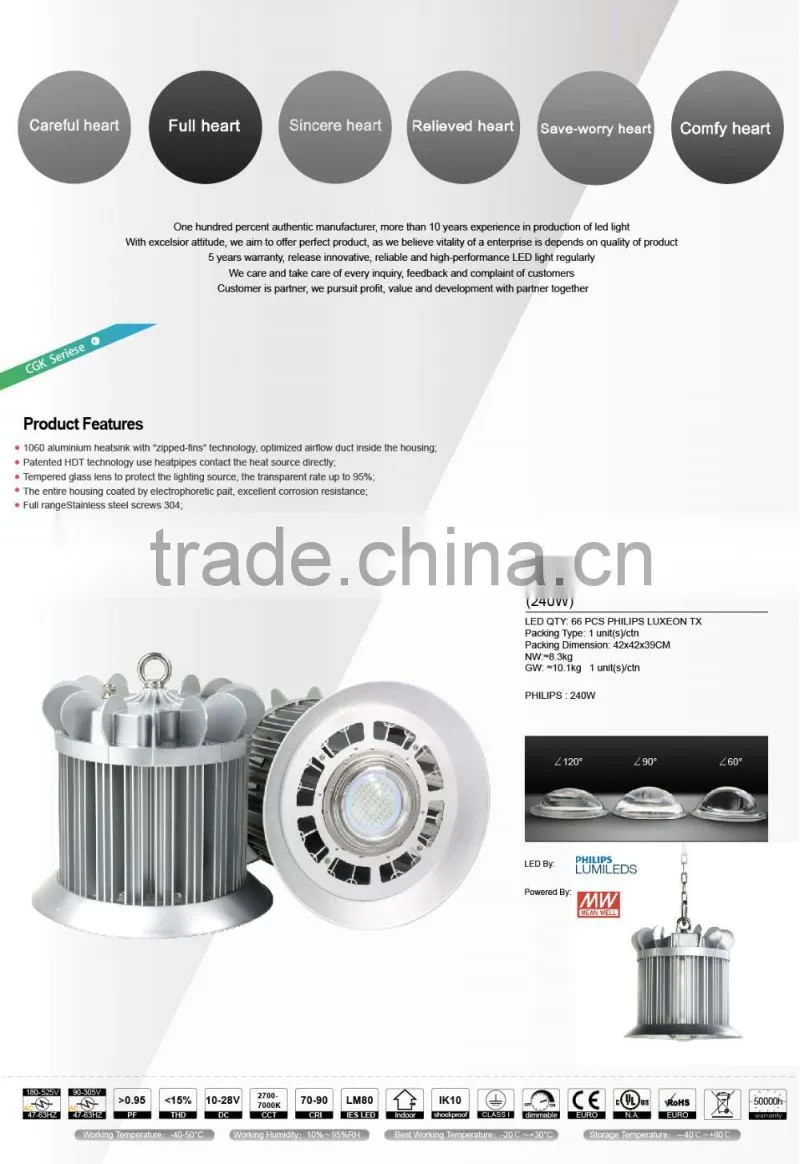 Meanwell Driver, Promotional Price, UL Approved #481383, Free Lighting Design, 5 Years Warranty 240W LED High Bay