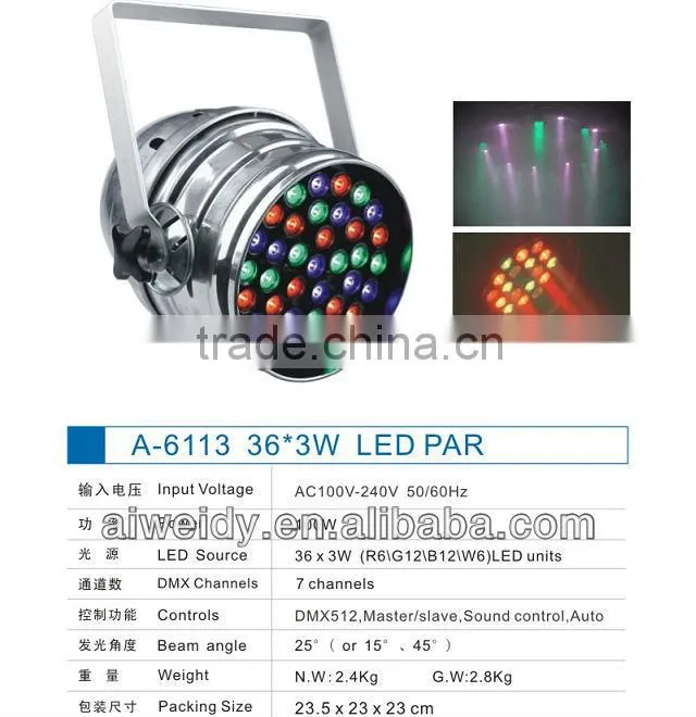 Indoor 36x3 watt PAR64 IP54 LED RGB light
