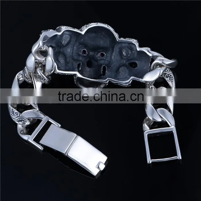 21CM Cool Skull Red CZ Stone Silver Bracelet For Men