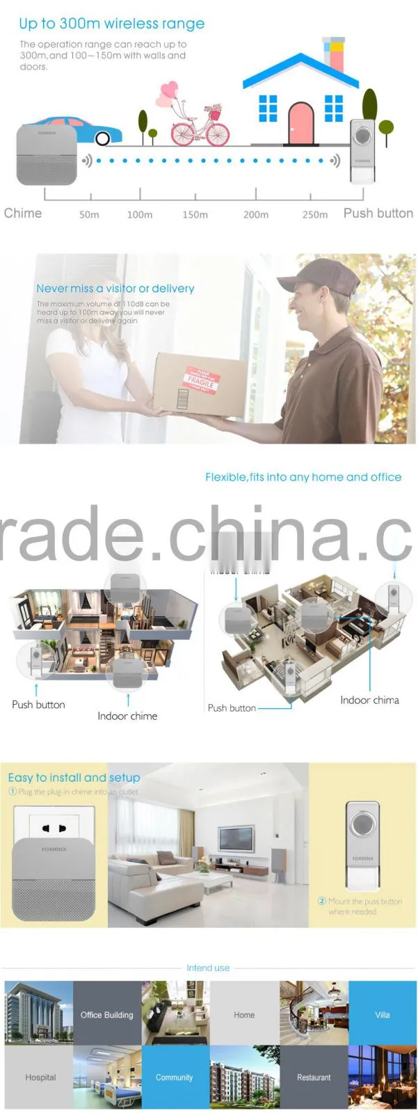 New desgin 300m working range Forrinx wireless doorbell FX-B6