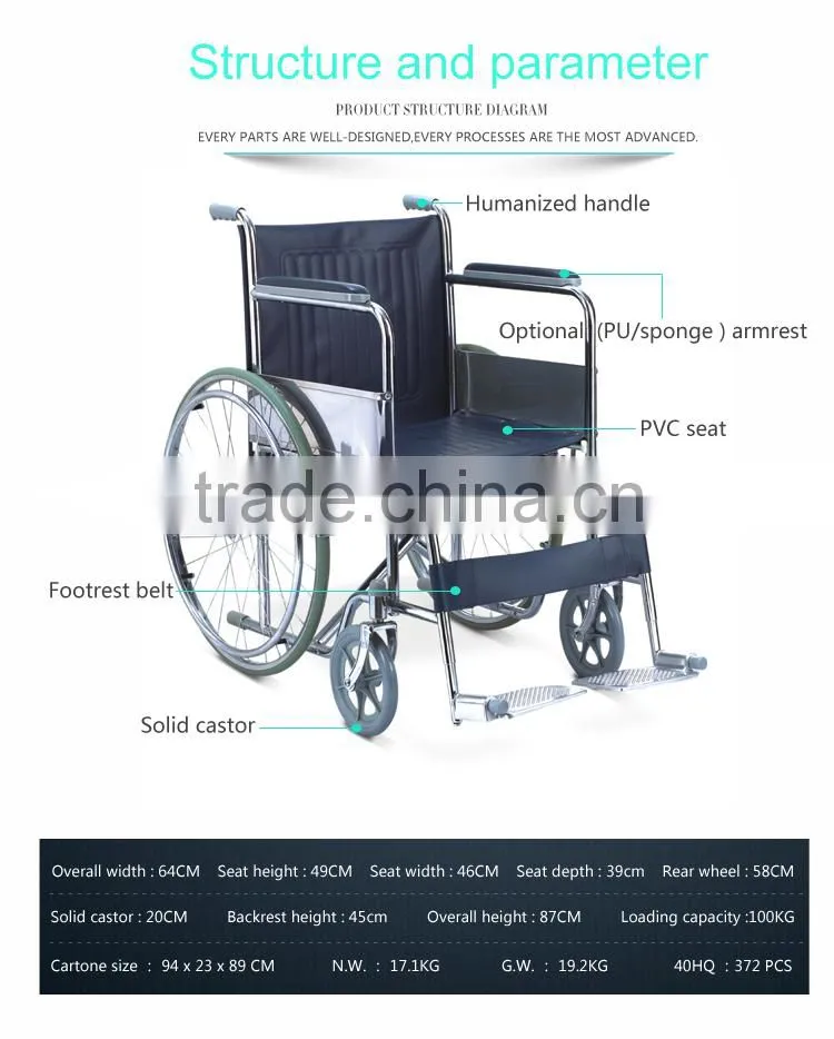 Top Sale Cheap Chromed Steel Manual Wheelchair with High Quality