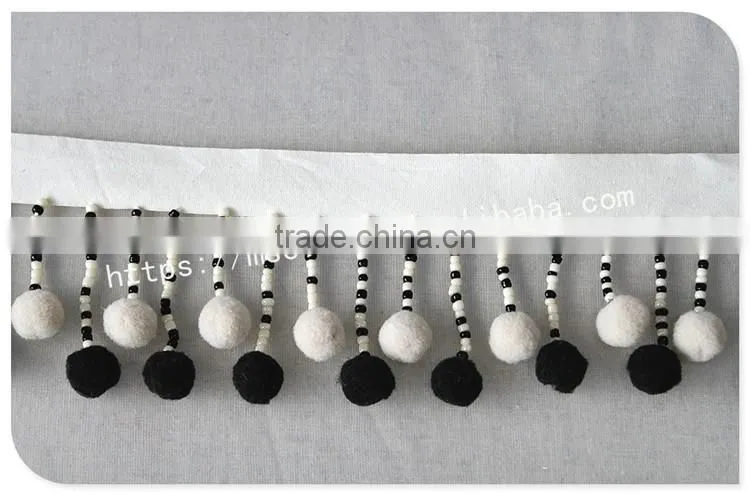 Newest 7cm width black/white handmade beaded pom pom fringe wholesales