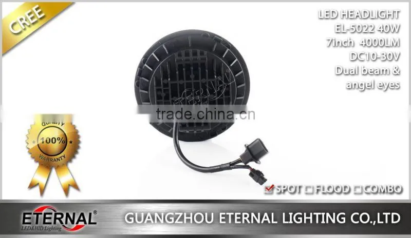 40W 7in round 4WD off-road truck SUV automotive vehicles sealed dual beam led headlight lamp dual beam with H4 plug halo ring