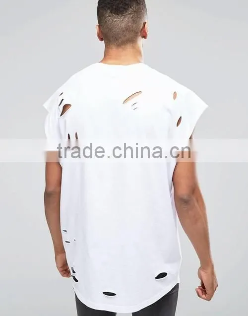 Customize men cheap 100% cotton super oversized jersey t-shirt with distressing and curved hem