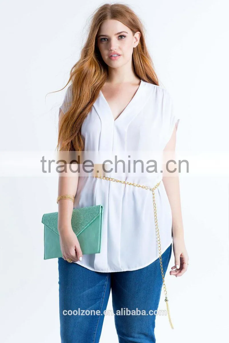 Relaxed V-neck pleated plus size chiffon blouse/woman top