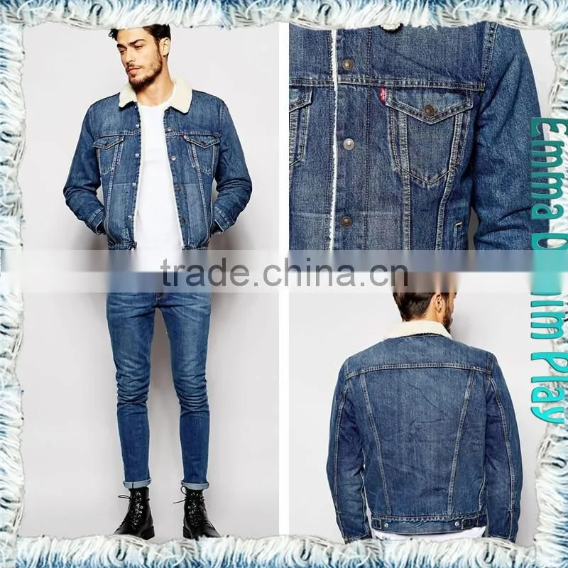 Hot New Detachable Collar Fleece Hole Thick Blue Man Denim Jackets Outwear