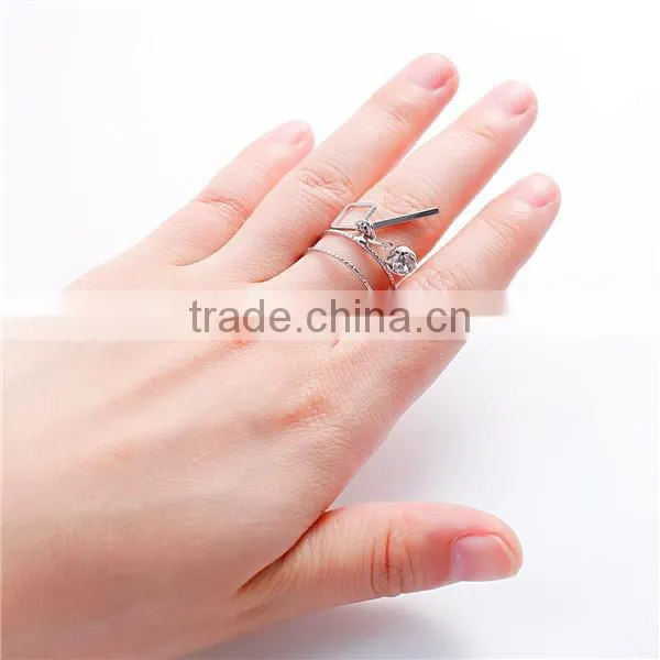 Open Rings Silver Tone Rhombus Rectangle Clear Rhinestone