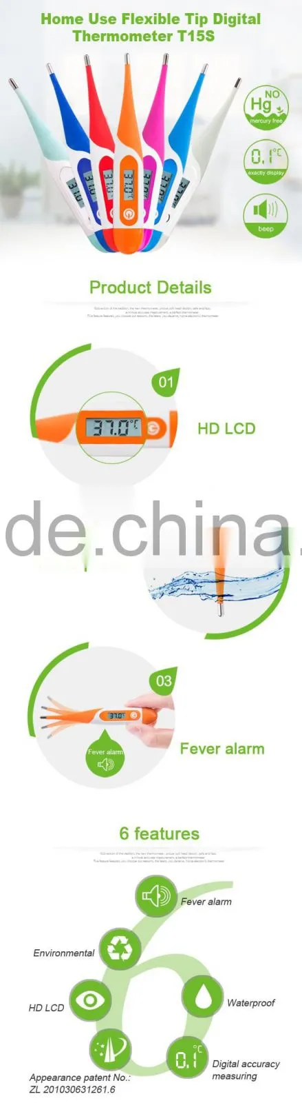 Hospital use large LCD display waterproof digital thermometer
