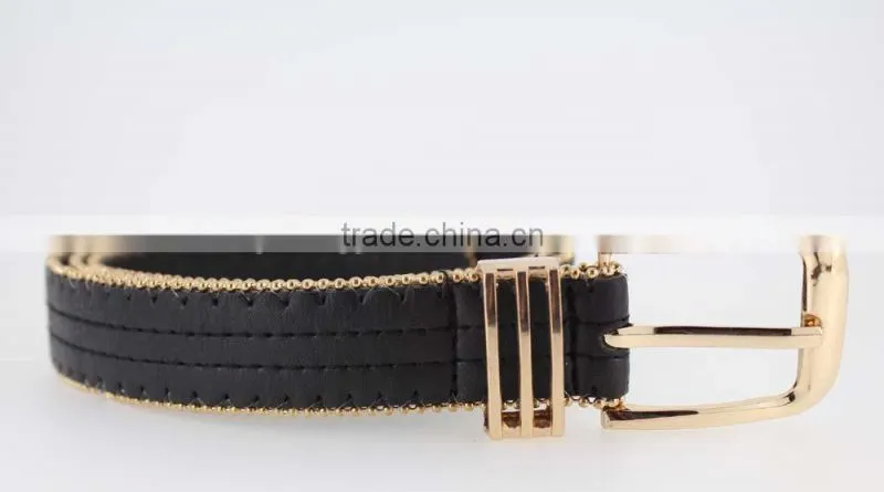 Women's Fashion Gold metal studded PU black leather jeans belt with double bean chian