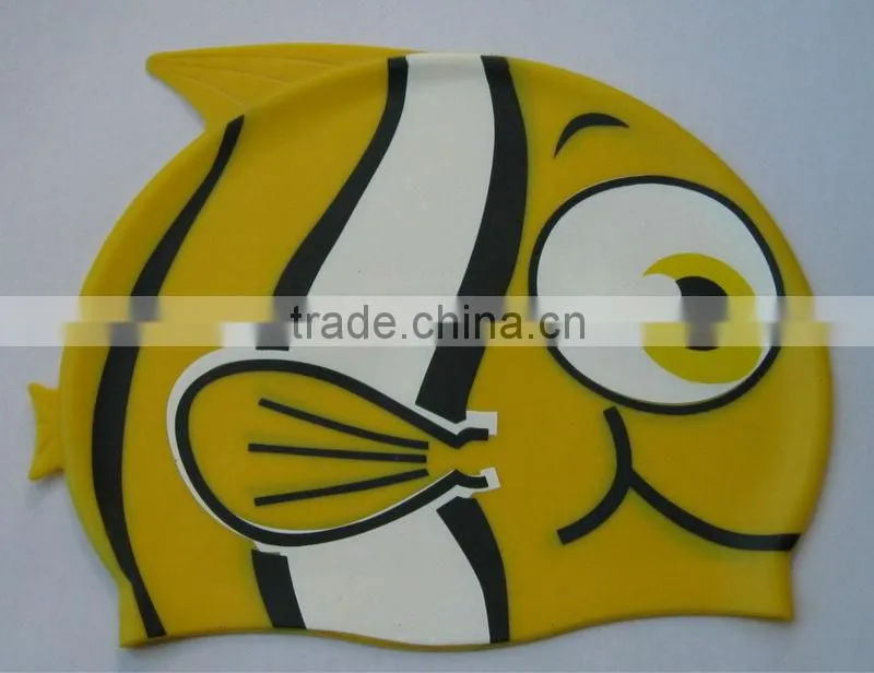 color silkscreen printing cartoon goldfish silicone swimming caps for children