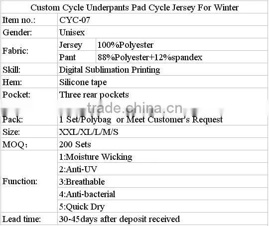 Custom Cycle Underpants Pad Cycle Jersey For Winter