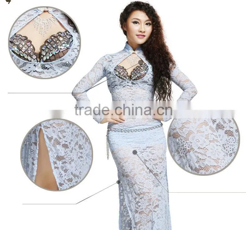 Wuchieal High Elastic Lace Belly Dance Practice Dress Bellydancing Costume with Long Sleeves