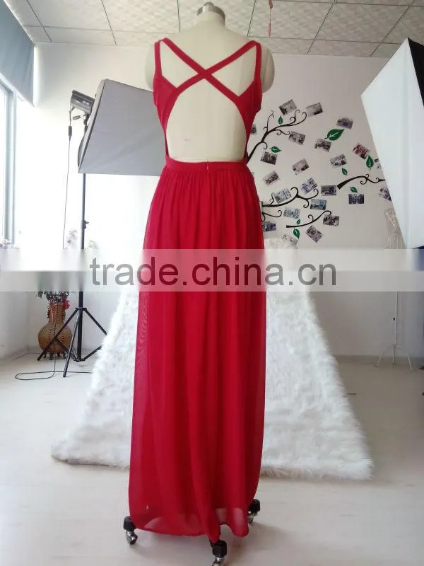 The most popular design red color floor length sleeveless long beautiful chiffon evening dress