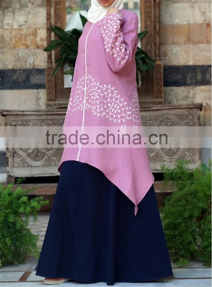 OEM service China factory custom made knee length emdbroidered summer linen quality tunic