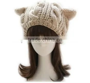 1x Braided Women Winter Warm Beanie Devil Horns Cat Ear Crochet Knit Ski Cap Hat