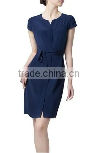Women's Navy Short Sleeve Shift with Sash Neck Short Sleeve Slim Silk Midi Dress