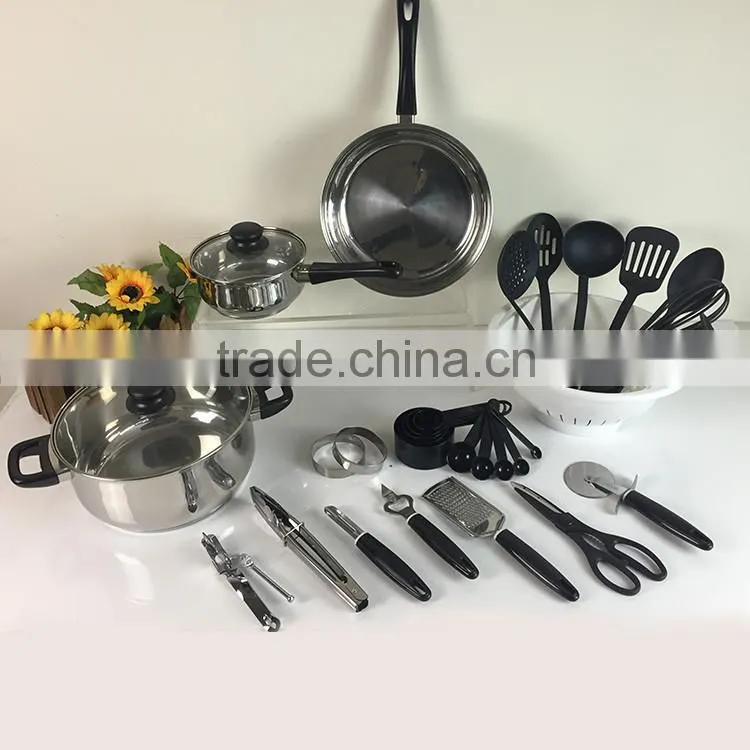 kitchen accessories stainless steel saucepan non-stick cooking pot cookware set with nylon kitchen utensils