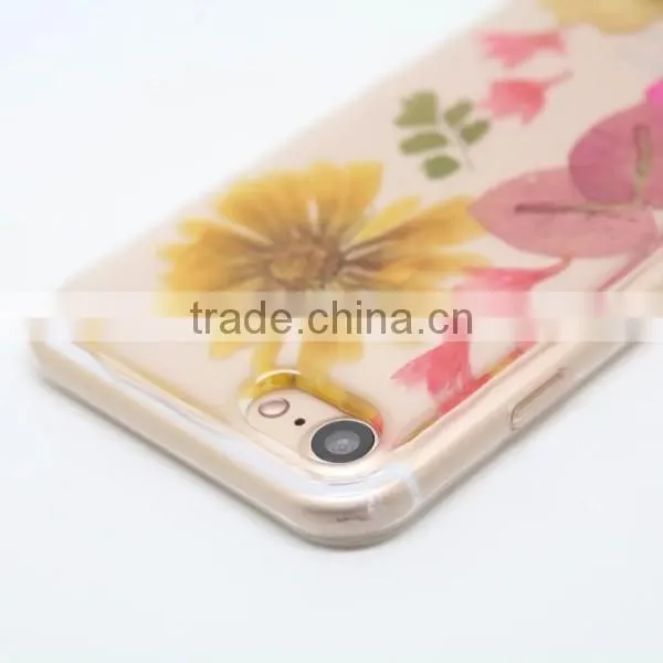 Transparent TPU phone case real flower sticker phone cover protective back cover for iPhone 7 / plus