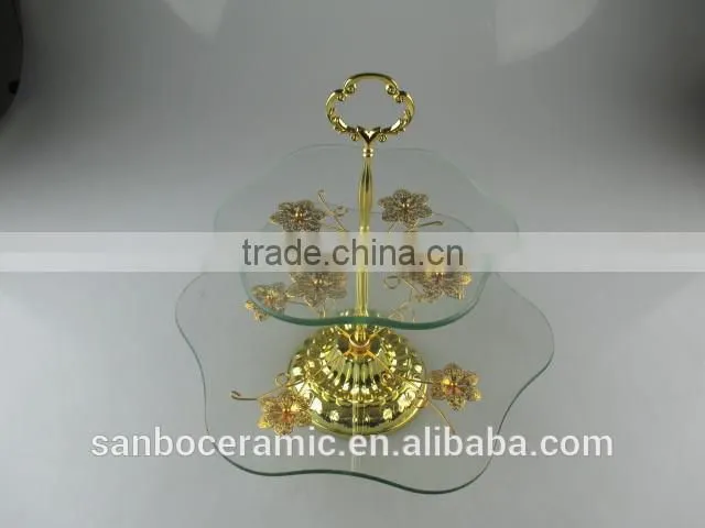 Wholesale glass cake stand, two tier golden glass cake stand with flower decoration