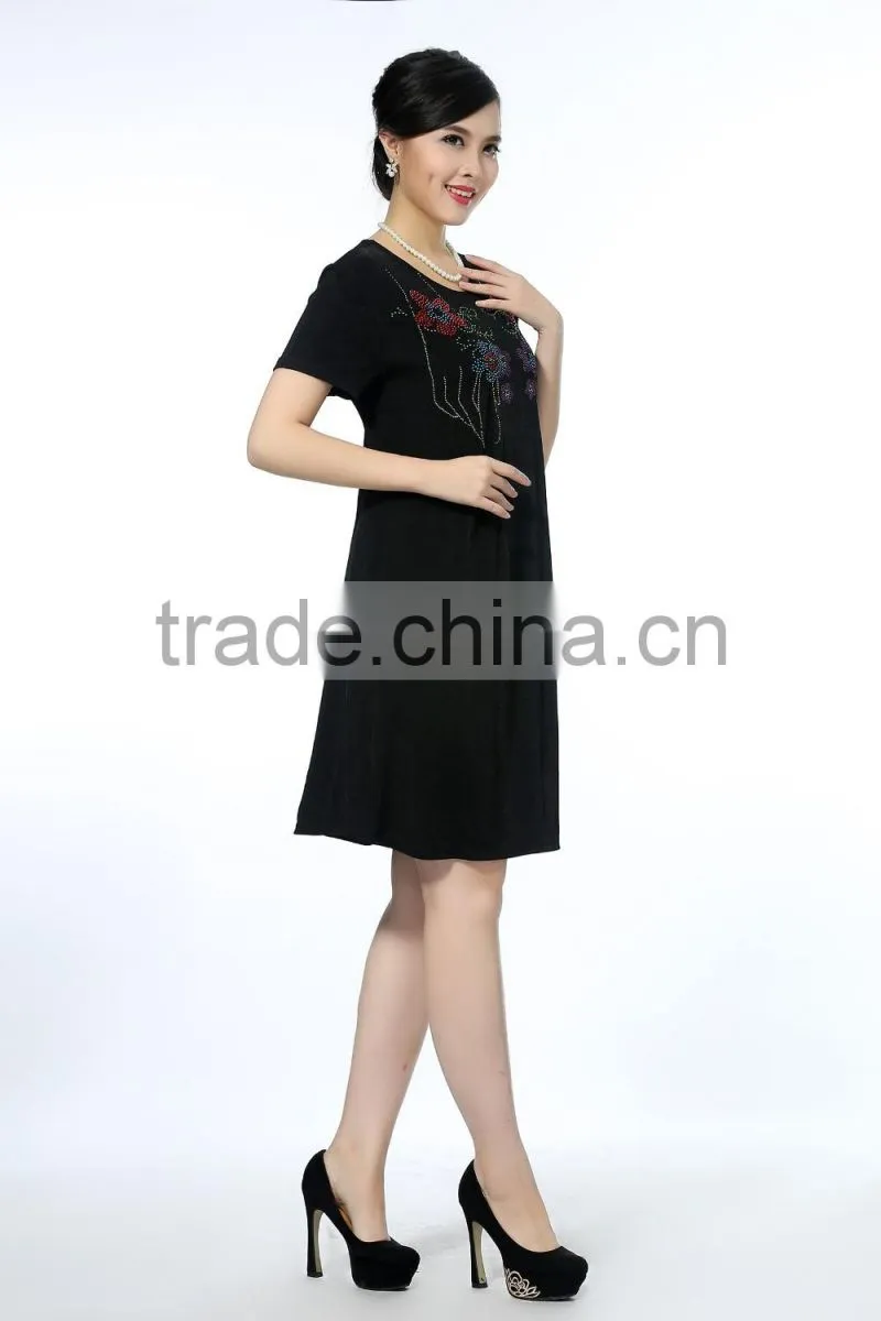 Comfortable short sleeve dresses with flower printed knitted plus size women dresses