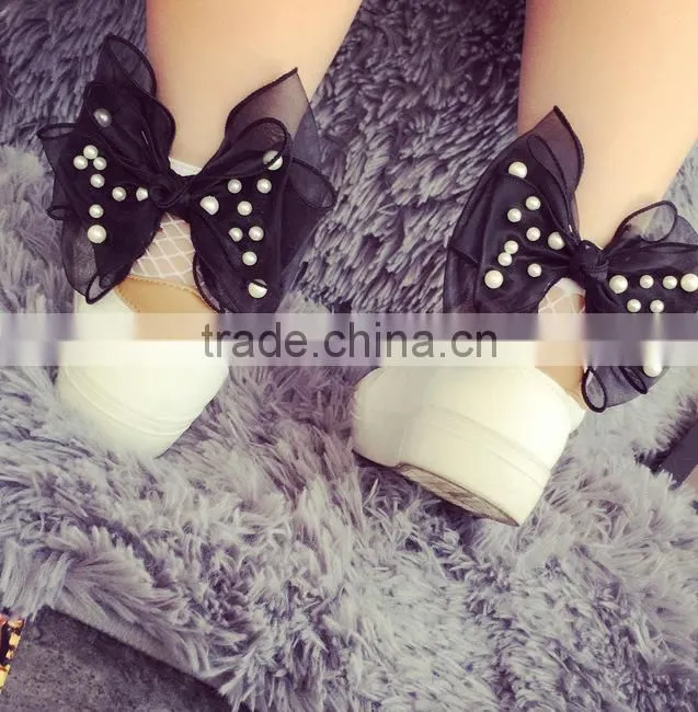 WS-36 2017New Hot Women Ruffle Large Fishnet Ankle High Socks Bow Tie Hollow Out Thin Mesh Lace Fish Net Short Socks