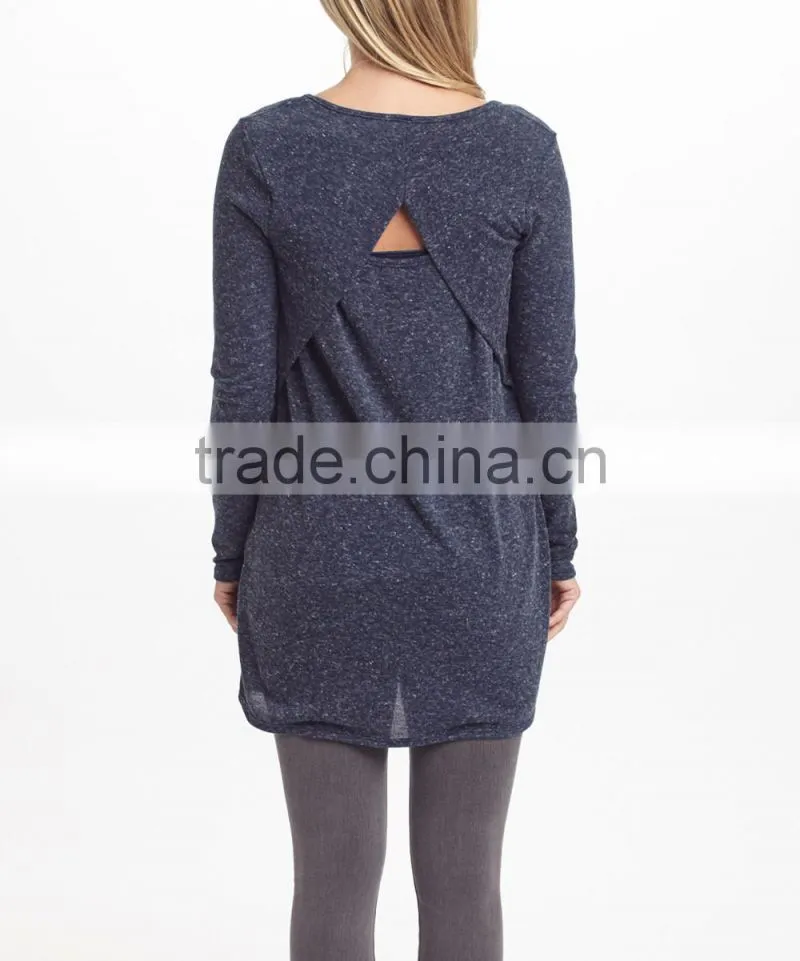 Clearence Long Sleeve Maternity T-Shirt With Navy Heather Cutout-Back Maternity Tunic Tops Women Wear WT80817-65
