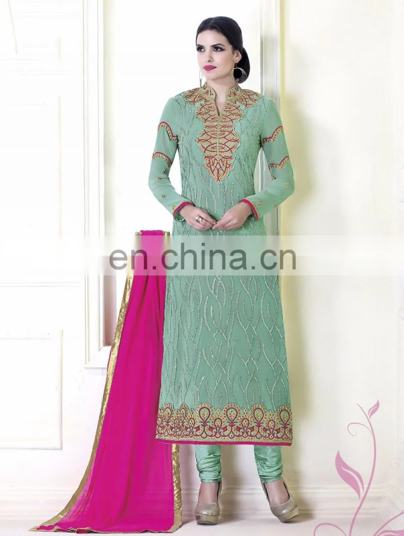 Sea Green Colored Faux Georgette Indian Traditional Wear Suit.