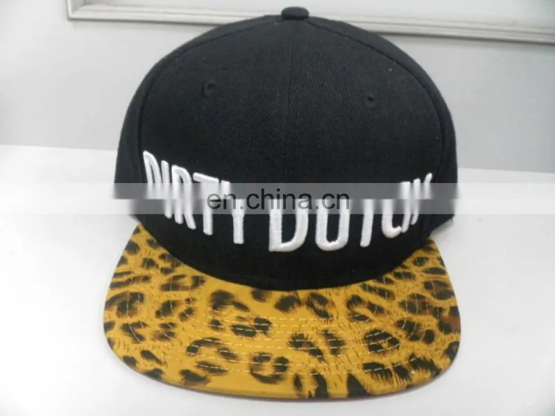 2016 custom 5 panel flat leopard 3D embroidered logo hats with factory direct supply