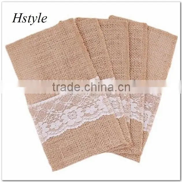 Hessian Burlap Lace Bags Wedding Cutlery Holder Pouch Table Decoration SPT128