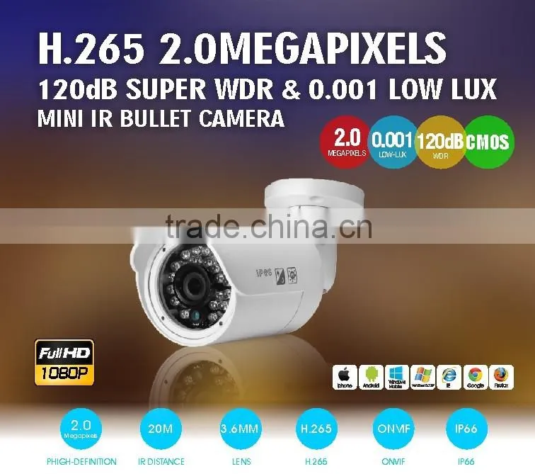 H.265 2.0MP Super WDR 120dB Color IR IP Mini Bullet CCTV Camera