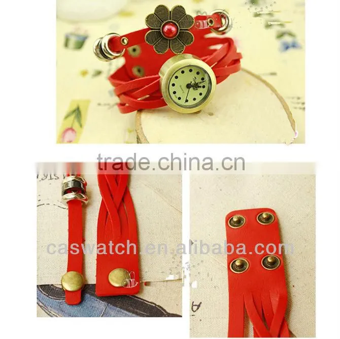 Fashion vintage long strap flower leather women watch