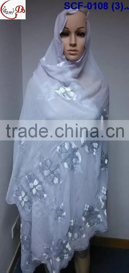 SCF -0108 white 2016 New coming design nice Muslim embroidery scarf ,shawls , pashmina shawl scarf , fashion women long scarf