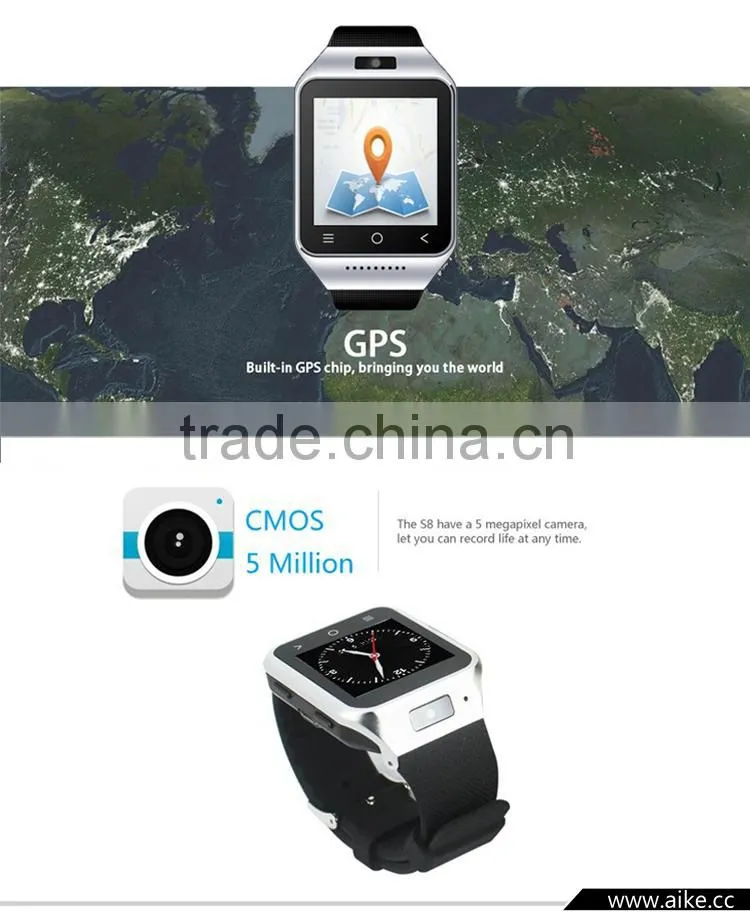 S8 Smart Watch Phone Bluetooth 4.0 Android 4.4 Wifi 3G WCDMA Dual Core MTK6572 512MB 8GB GPS 5.0MP Camera Wrist watch Smartphone