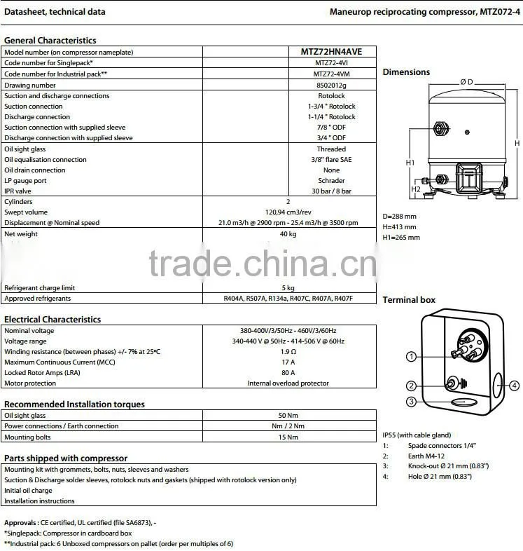 (MTZ072-4VM)Best Maneurop Hermetic Reciprocating Refrigeration Compressor