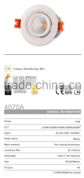ON4070A Whosale High power 15W Dimmable COB LED conceal downlight