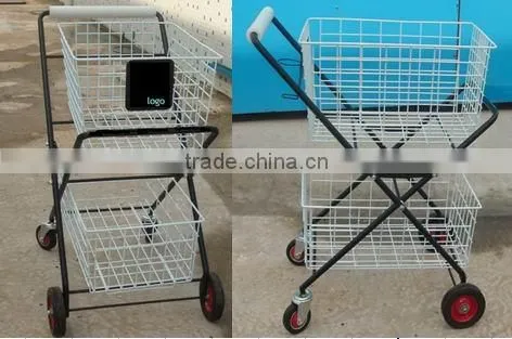 Foldable spray tennis / supermarket metal 2 baskets shopping trolley
