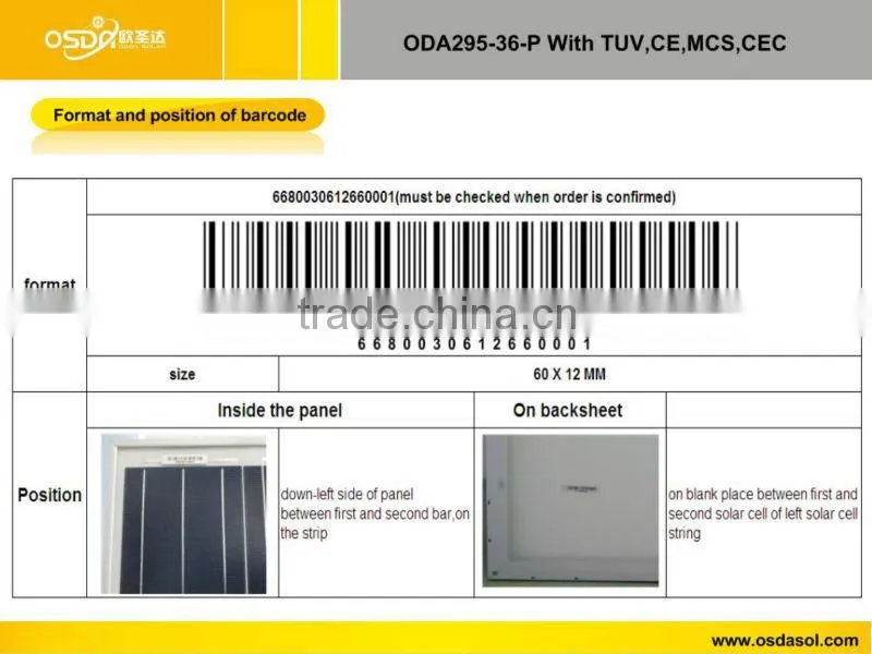 TUV MCS CEC certificated polycrystalline 295W solar panel