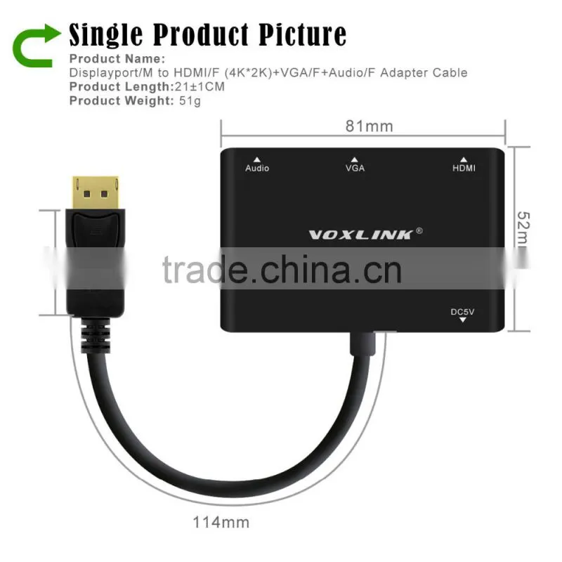 High Speed Hot - Selling Voxlink Turn DP into HDMI(4K*2K)/VGA+Aduio Adapter Cable