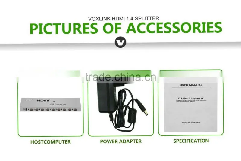 VOXLINK 1x8 HDMI splitter 4K(HDMI 1.4,HDCP1.4 ,4K,IR extension, EDID management, RS232) EU/US/UK/AU