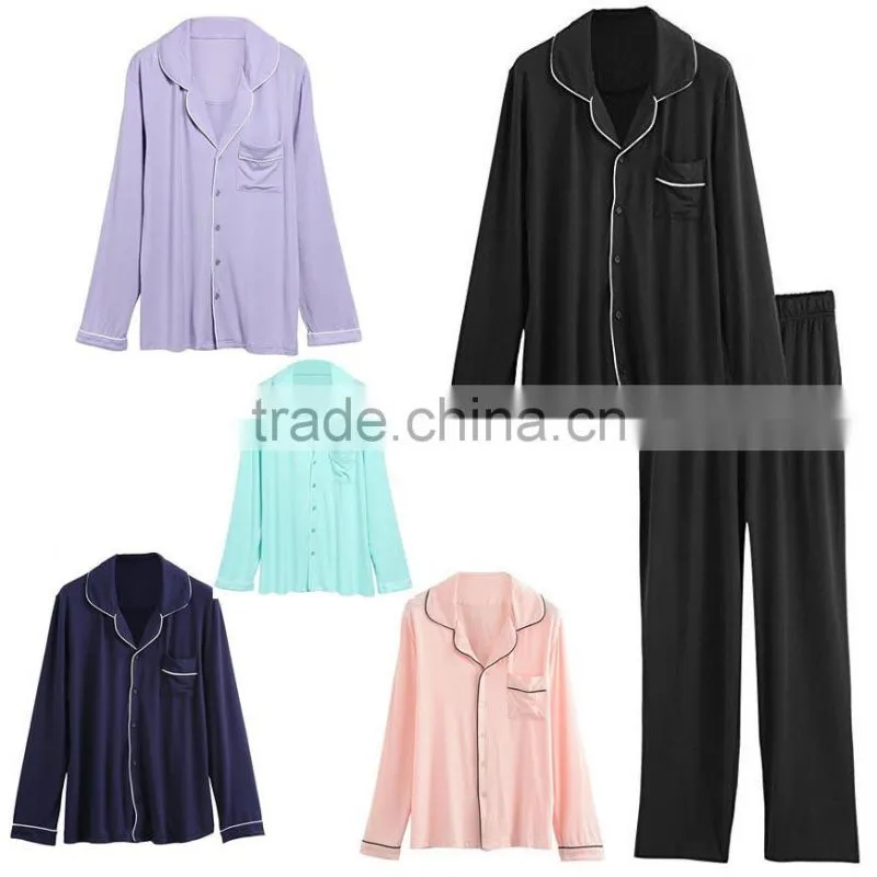 custom Loungewear european fashion ladies satin pajamas sets Long trousers and long sleeved buttoned shirt