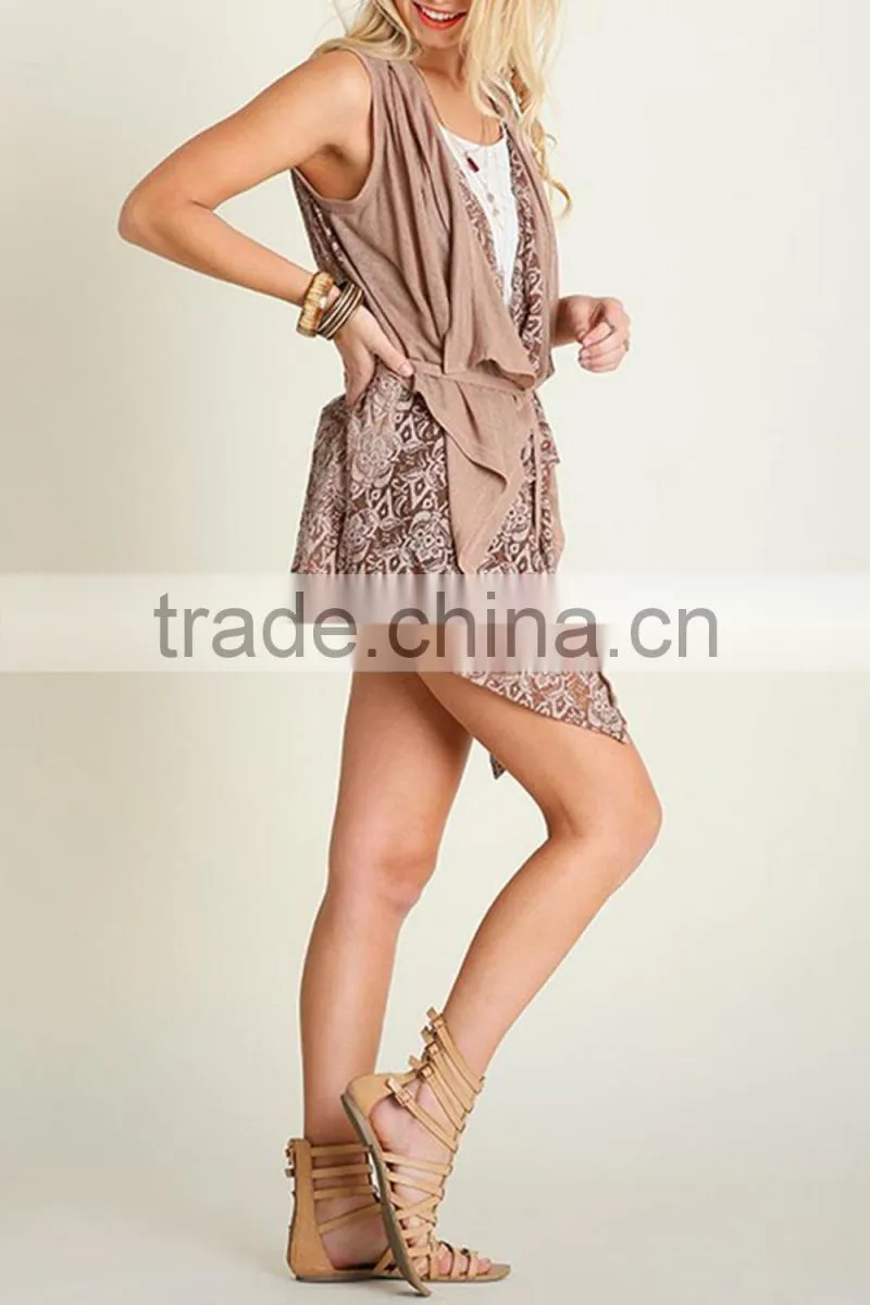 Women Lace Trim Printed Vest With Tie For Layered Outer Wear